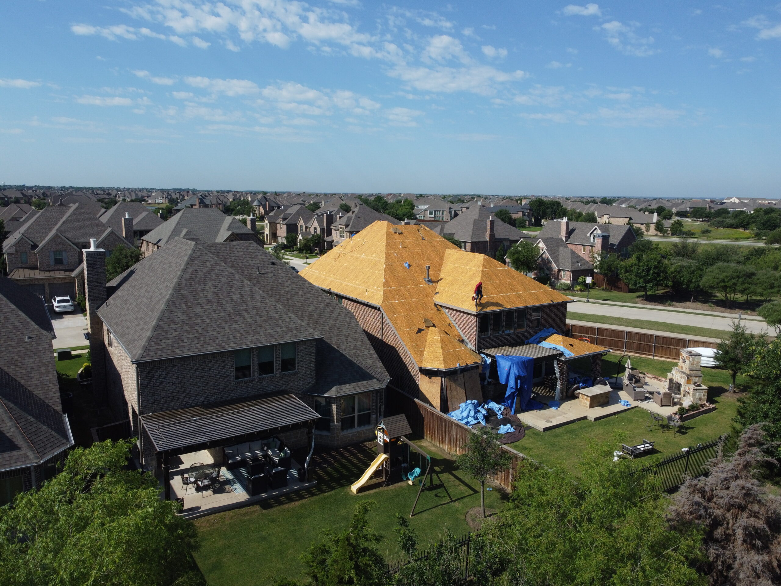 Dallas roofing project viewed from above